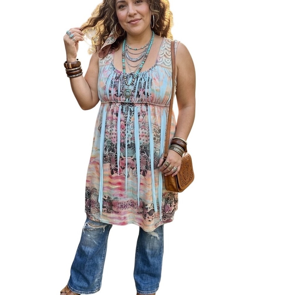 Vintage Me Mesh Sleeveless Tunic Top L Boho Fringe Lace Tie Dye Butterfly